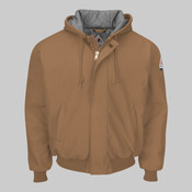Insulated Brown Duck Hooded Jacket with Knit Trim